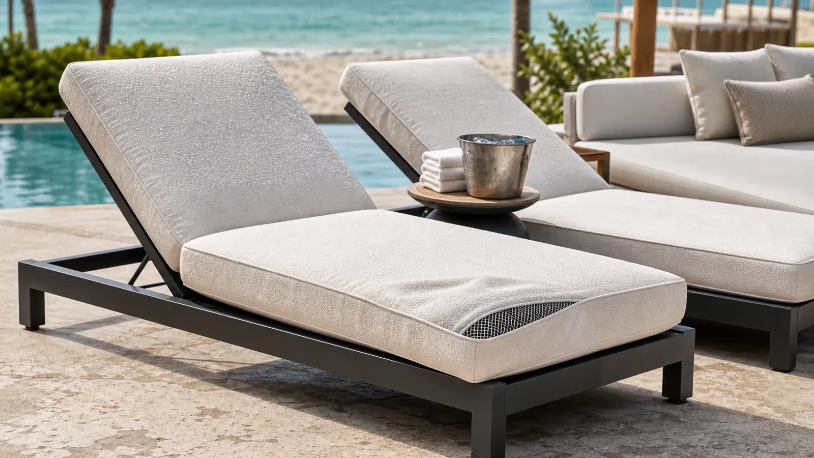 Commercial beach club sun loungers with welded aluminium frames, removable quick-dry cushions, drainage mesh, stable side table, towels, and ice bucket