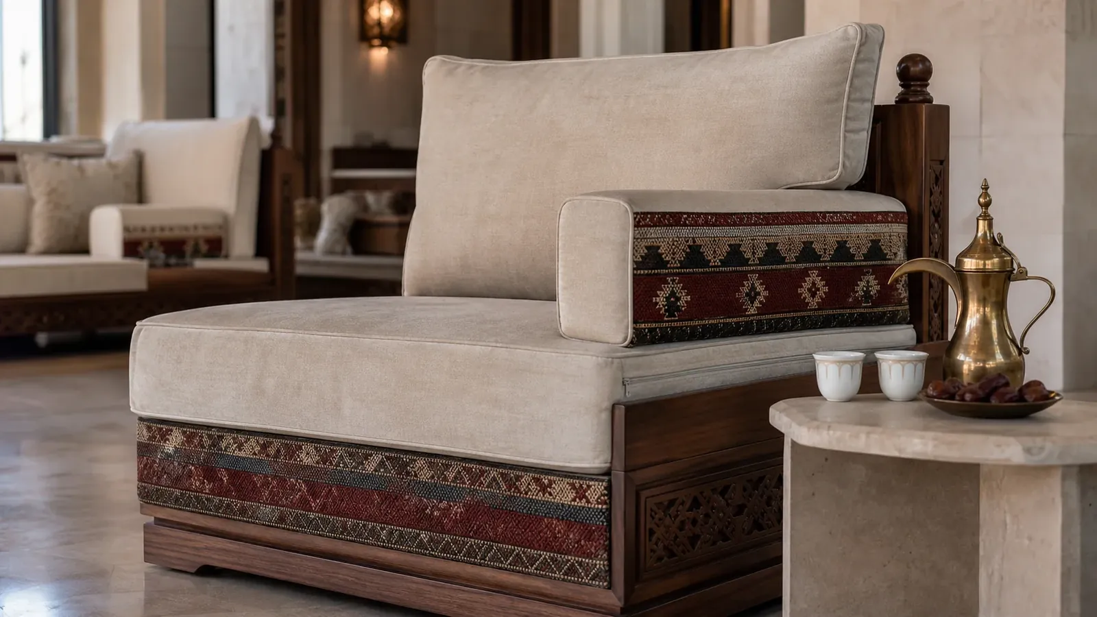 Custom low-profile majlis seating module with sadu-inspired upholstery, carved walnut joinery, Arabic coffee service, and removable cushions