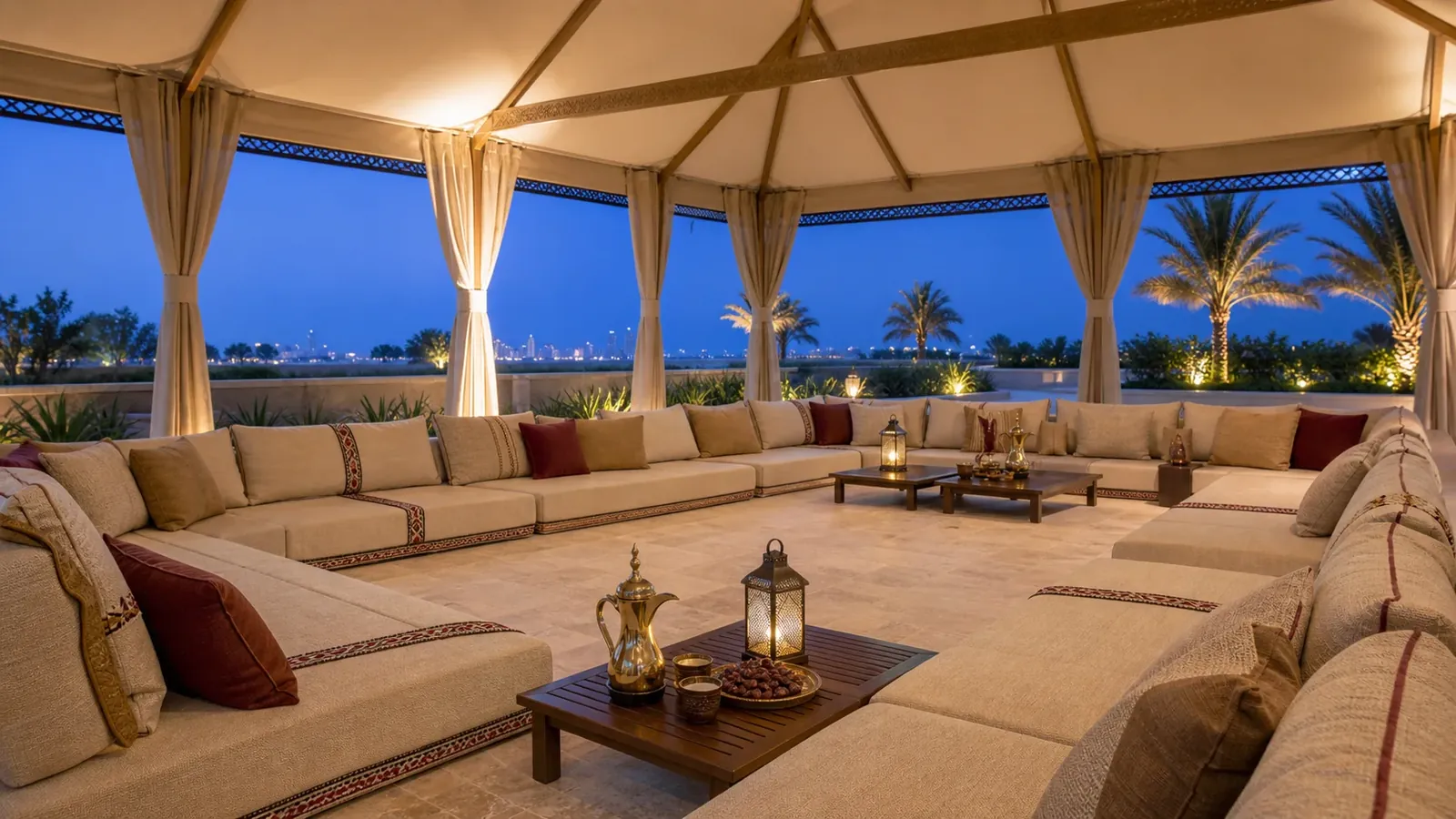 Luxury hotel Ramadan majlis on a UAE terrace with modular floor seating, sadu borders, low tables, and clear service circulation