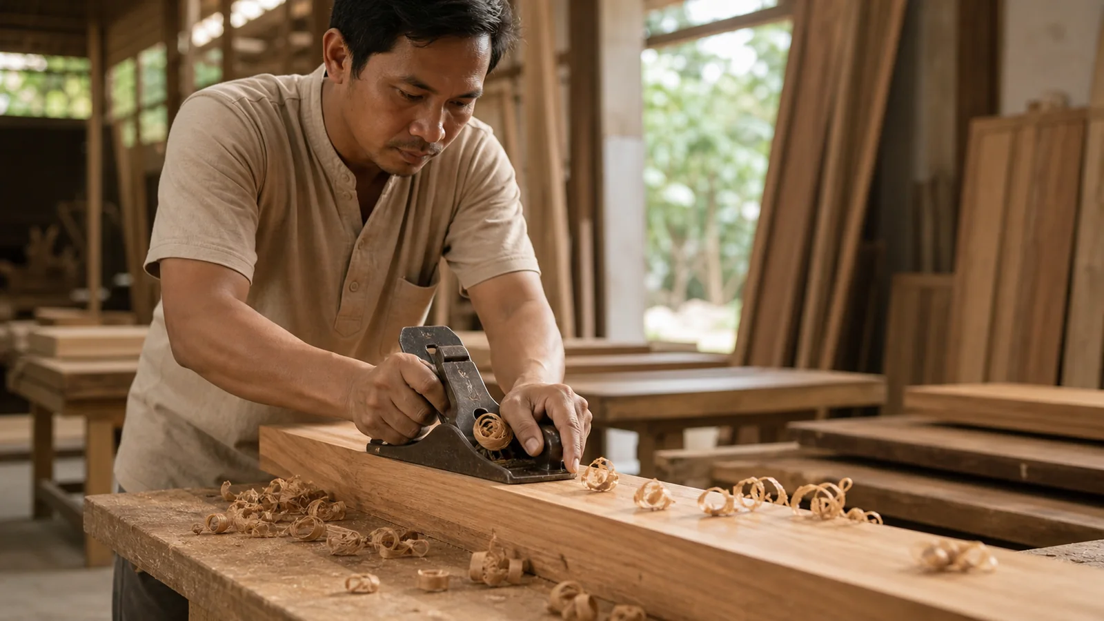 Indonesian craftsperson hand-planing a solid teak board for BSA custom furniture