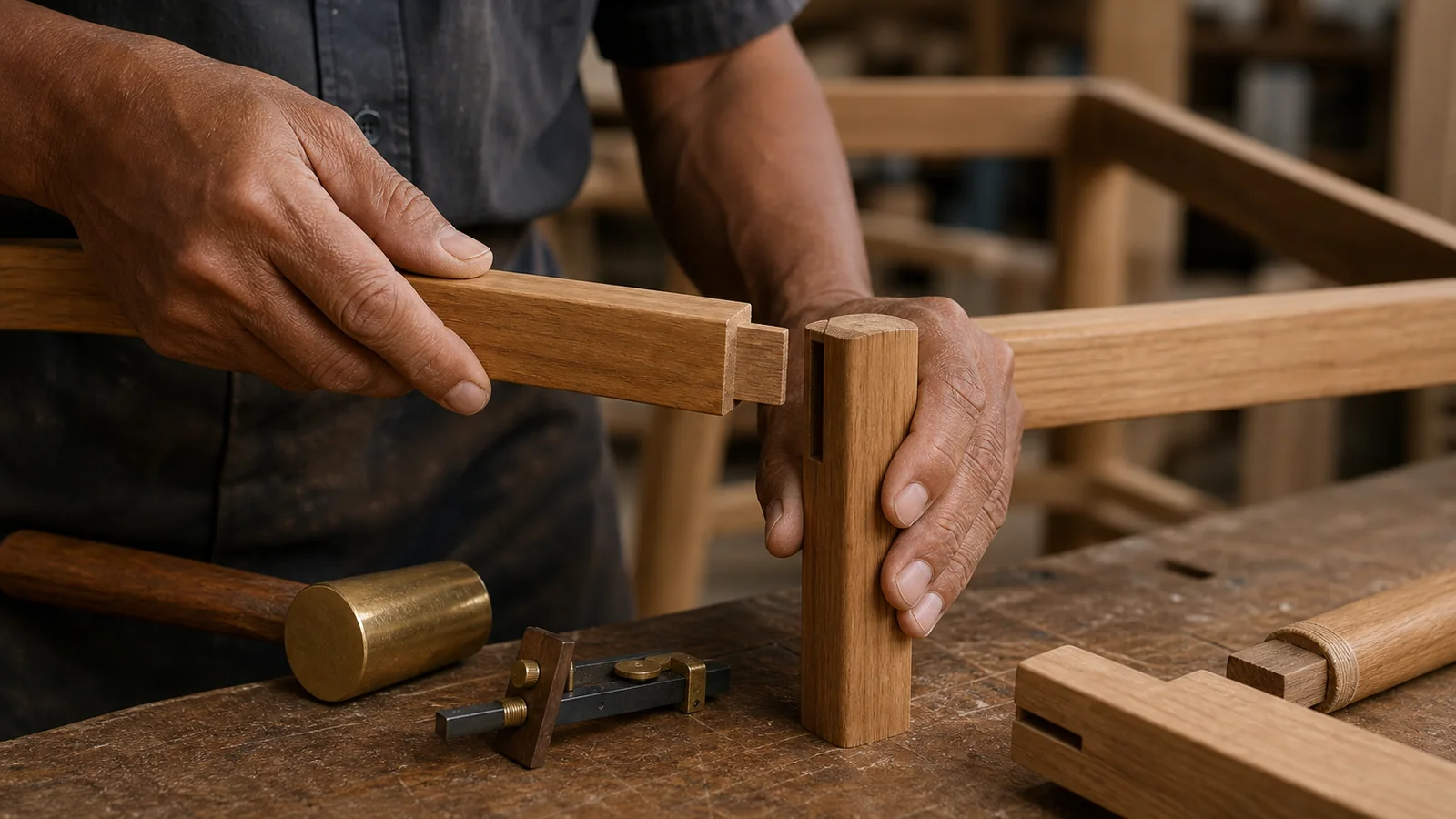 Hand-fitted mortise-and-tenon joint on a slim custom teak chair frame