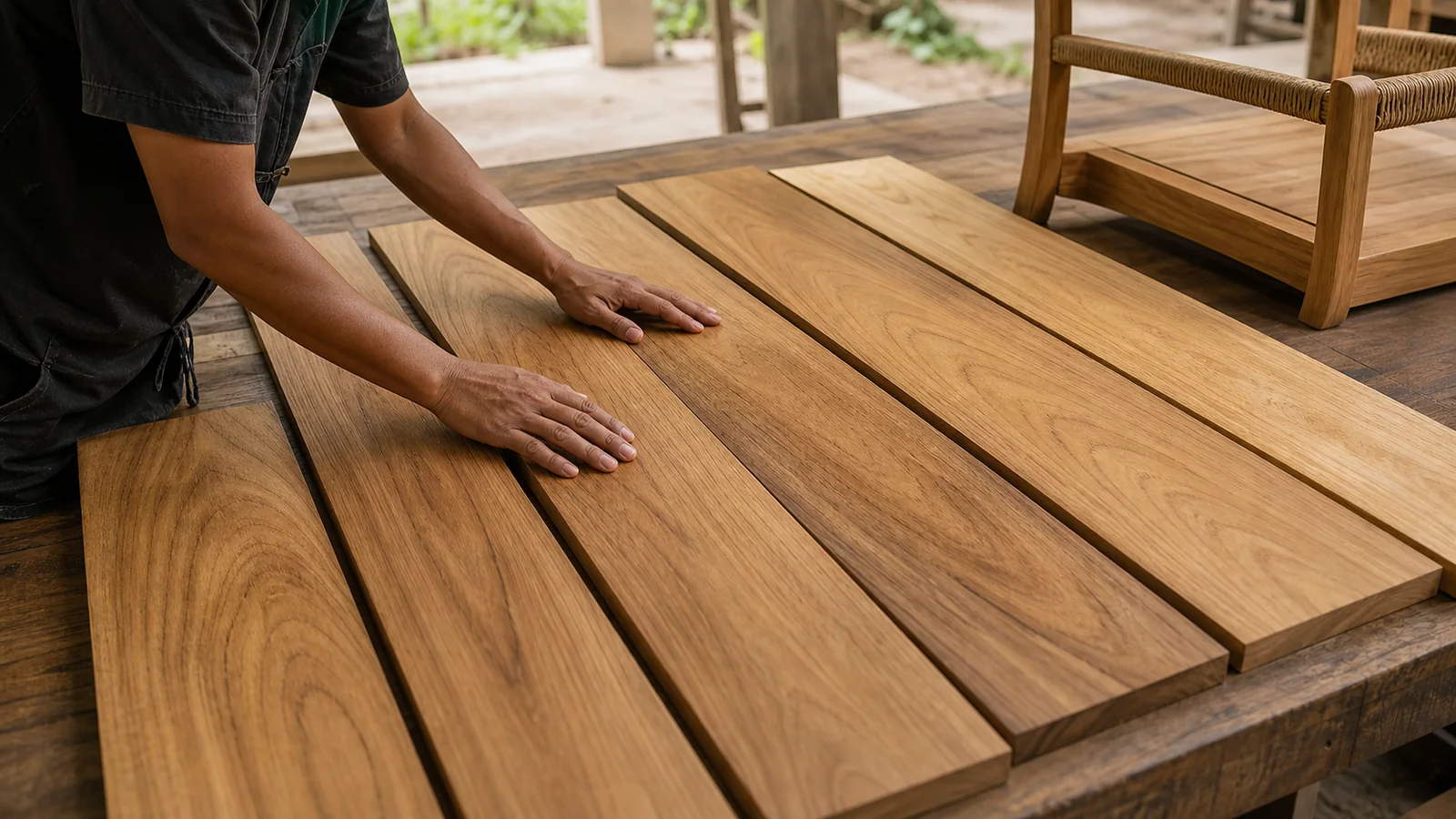 Teak boards being graded by grain and tone for a coordinated custom furniture order