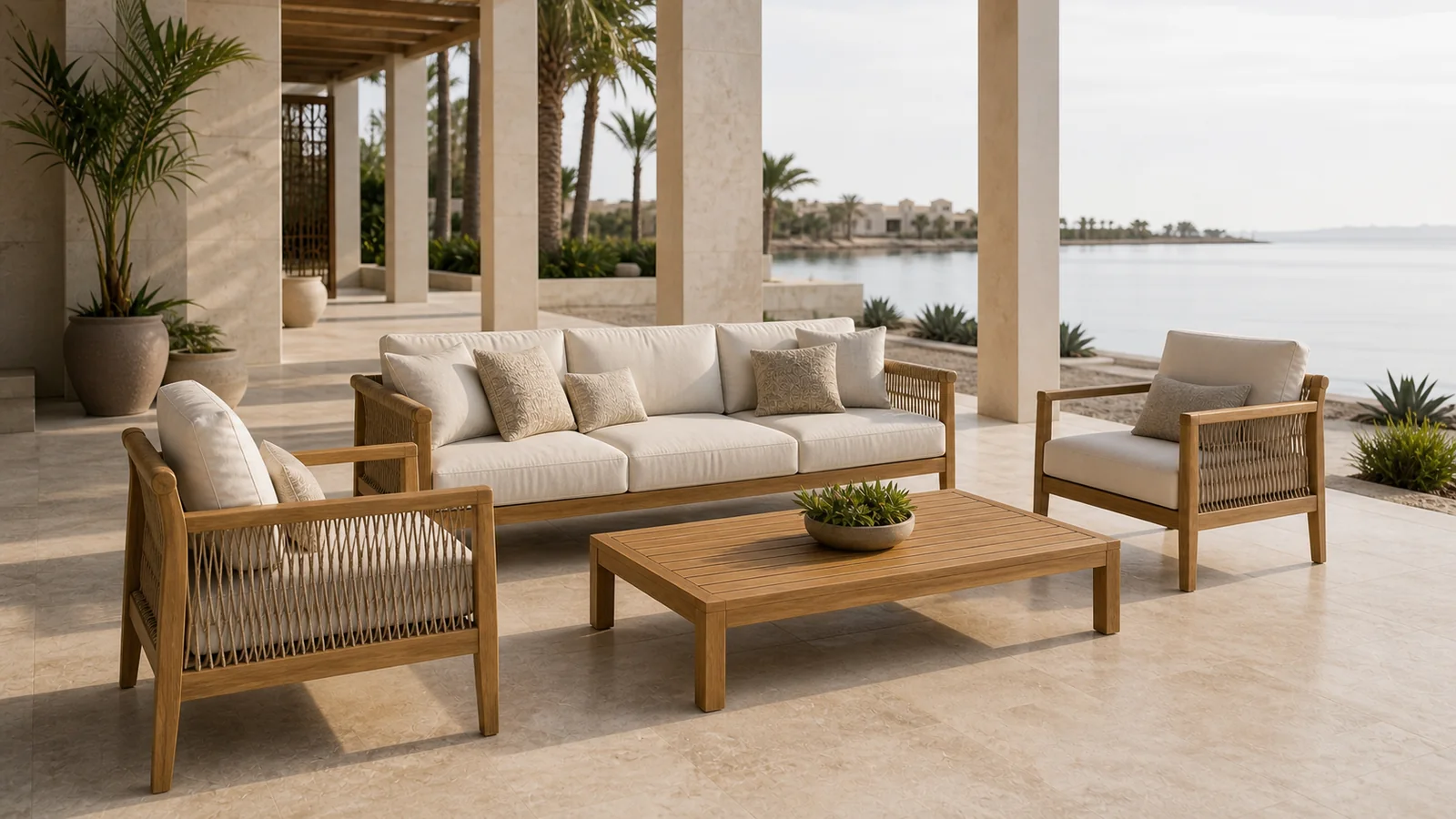 Custom teak sofa, lounge chairs, and slatted coffee table for a Gulf resort terrace