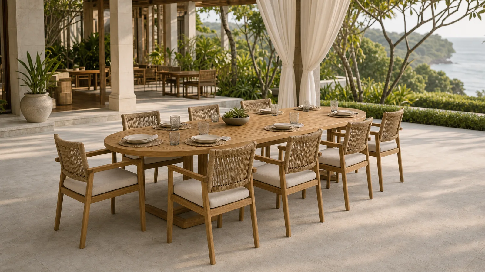 Handmade teak dining table and eight woven-back chairs for a hospitality terrace