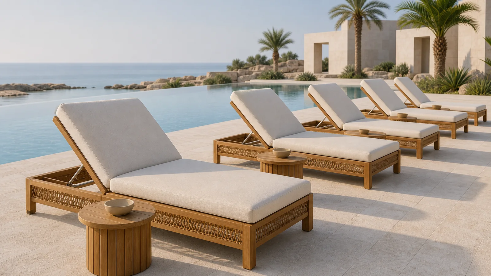 Row of adjustable handmade teak chaises with woven sides and quick-dry cushions