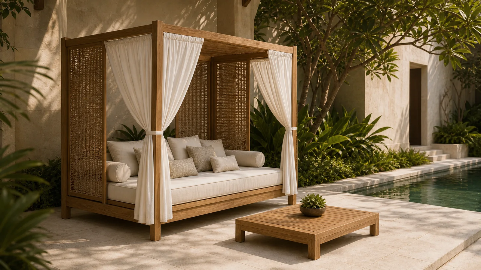 Custom teak resort cabana daybed with woven privacy panels and removable curtains