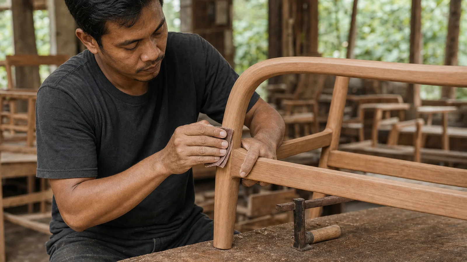 Indonesian artisan hand-sanding the curved arm of a custom teak lounge chair