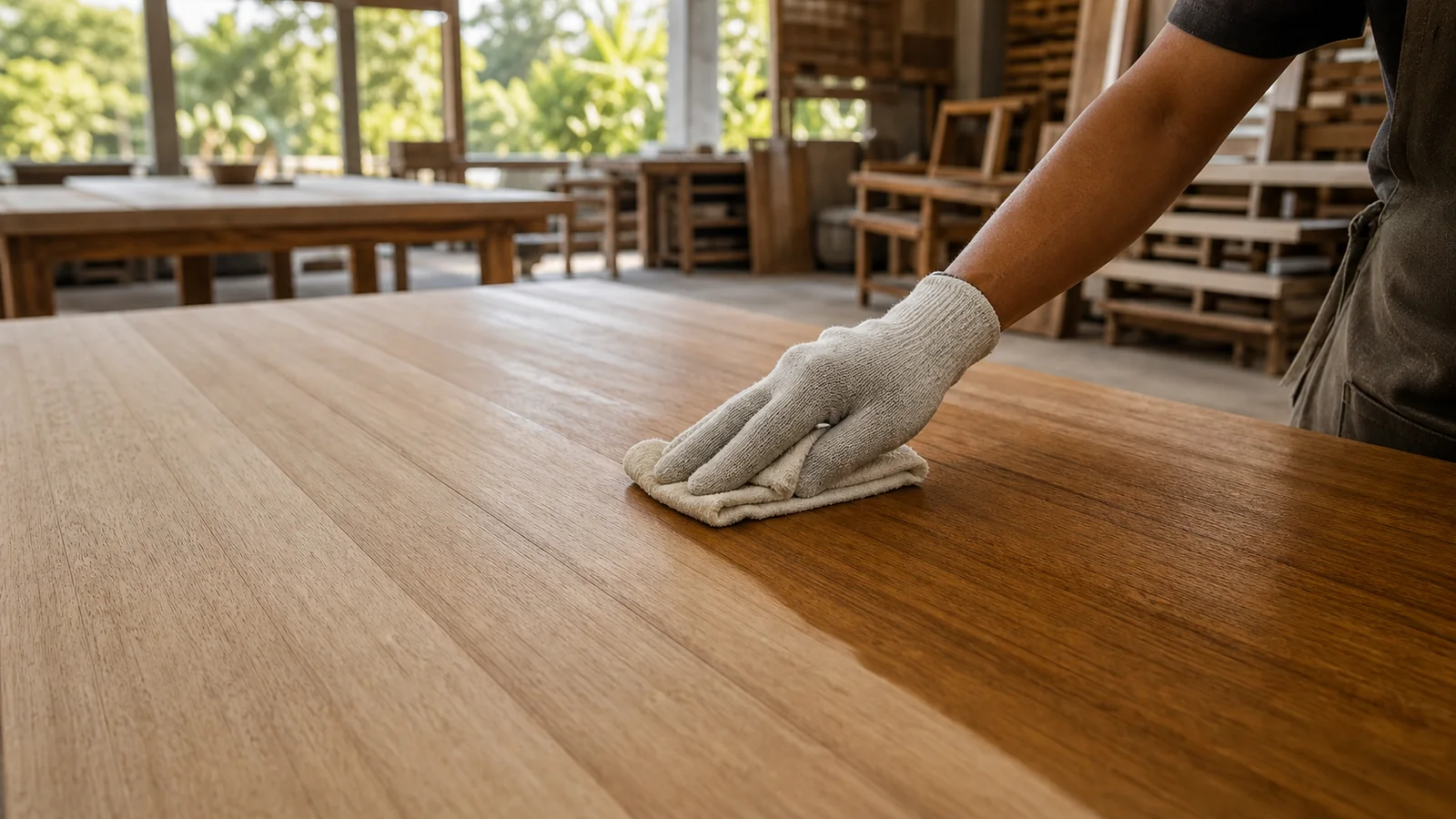 Natural oil being hand-applied to a teak tabletop at BSA's Indonesian production line
