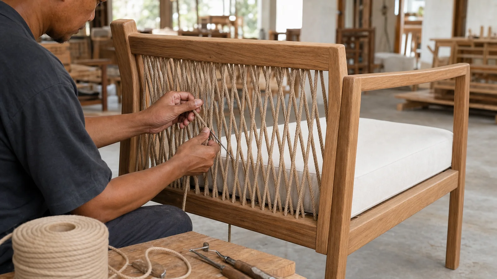 Sand-coloured rope panel being hand-woven into a slim teak lounge chair