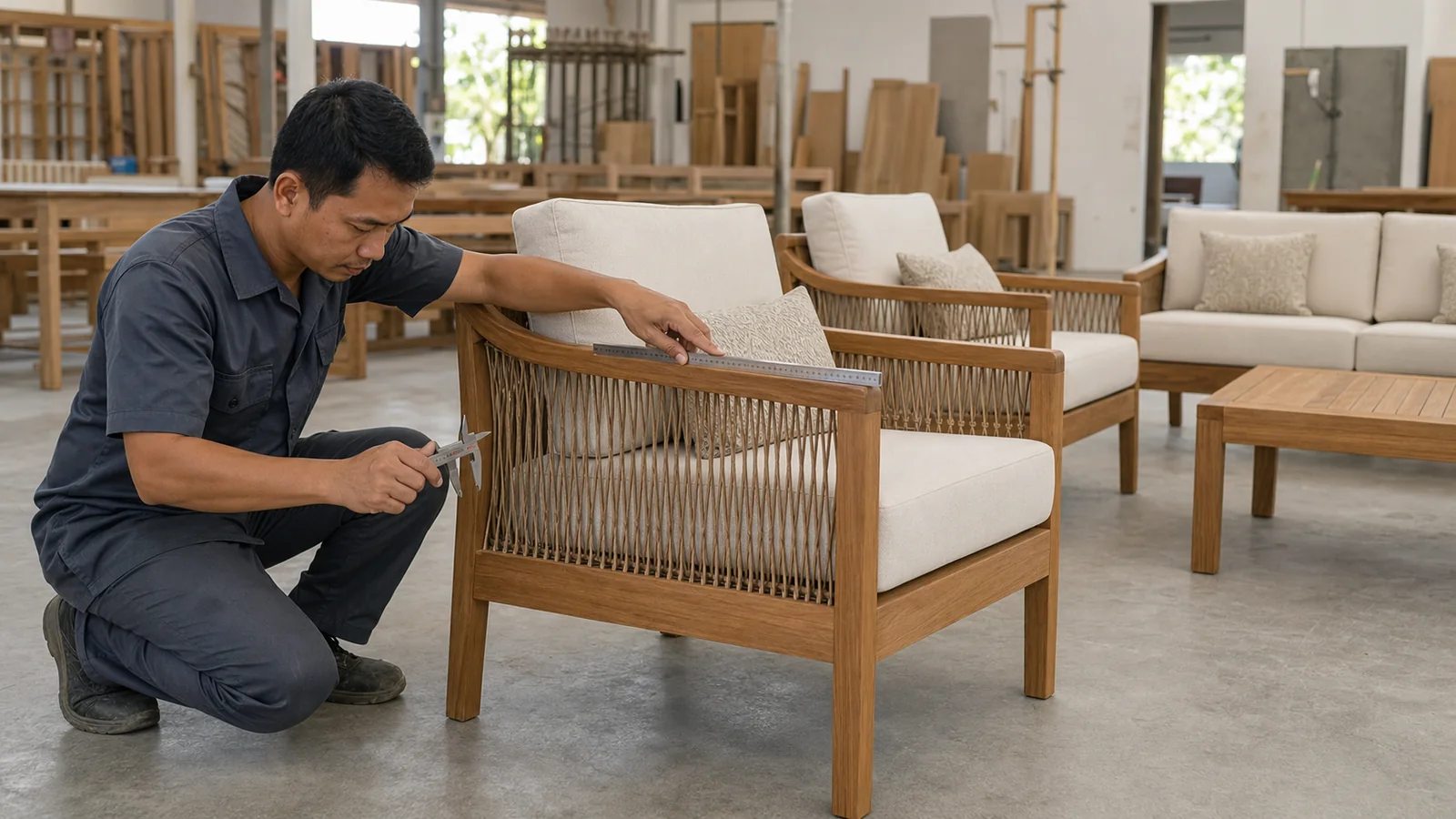 Final dimensional and finish inspection of a handmade teak lounge chair