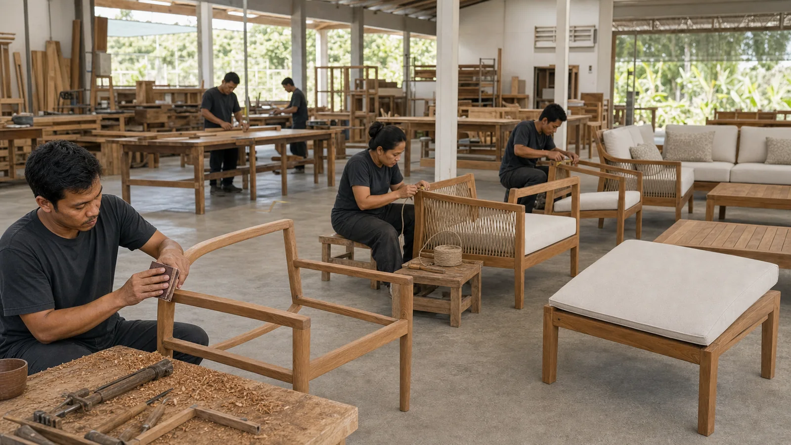 BSA's Indonesian teak production line with joinery, sanding, weaving, and assembly in progress