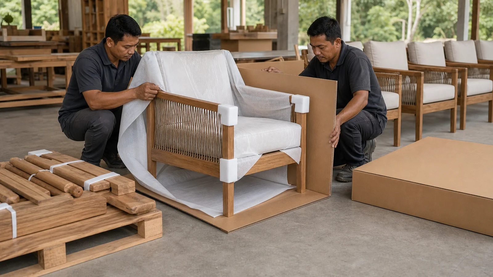 Protective export packing of custom teak furniture at BSA's Indonesian production line