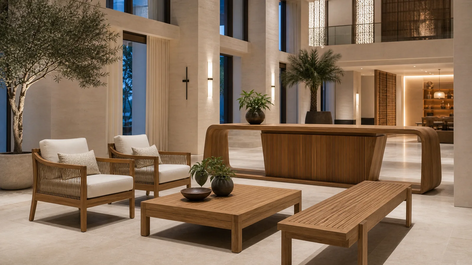 Bespoke teak reception console, benches, tables, and lounge chairs in a hotel lobby
