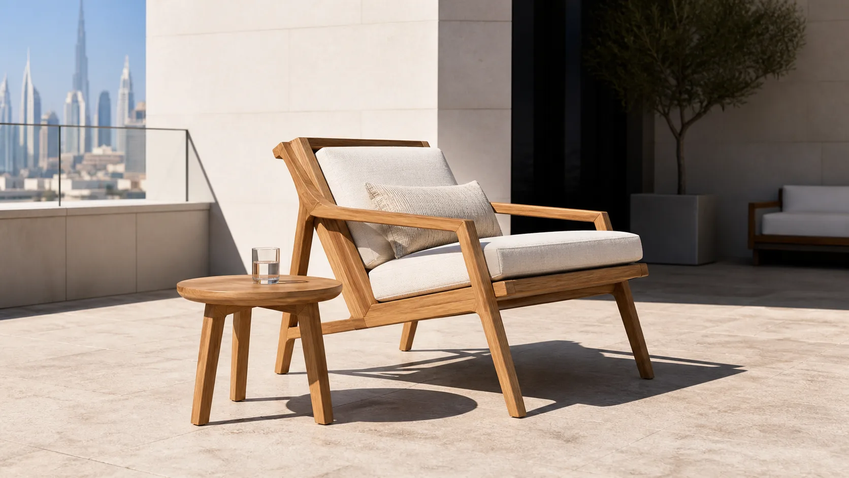 Slim teak lounge chair exposed to direct midday sun on a Dubai rooftop terrace
