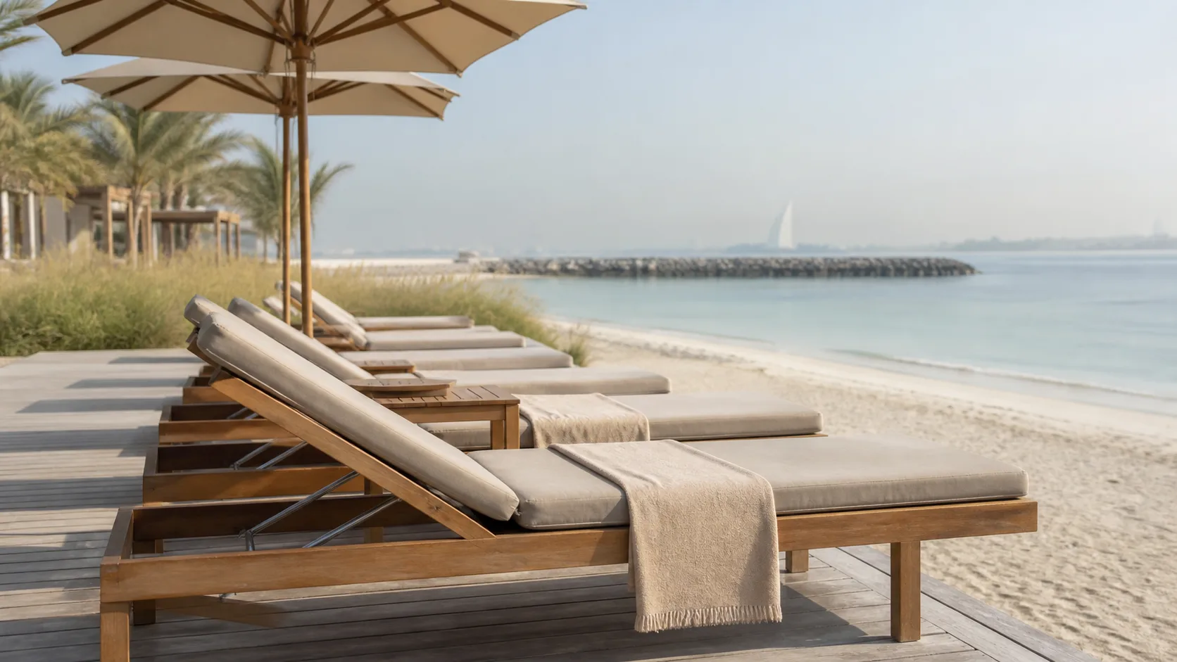 Teak sun loungers exposed to coastal air and sand at a UAE beachfront resort