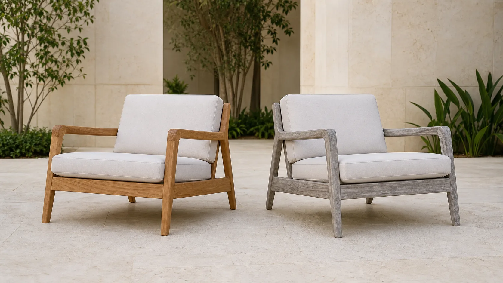 Matching teak chairs showing honey-brown and naturally weathered silver-grey appearances