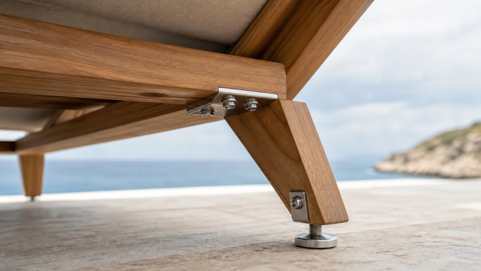 Corrosion-resistant stainless hardware and an adjustable glide beneath a teak chair