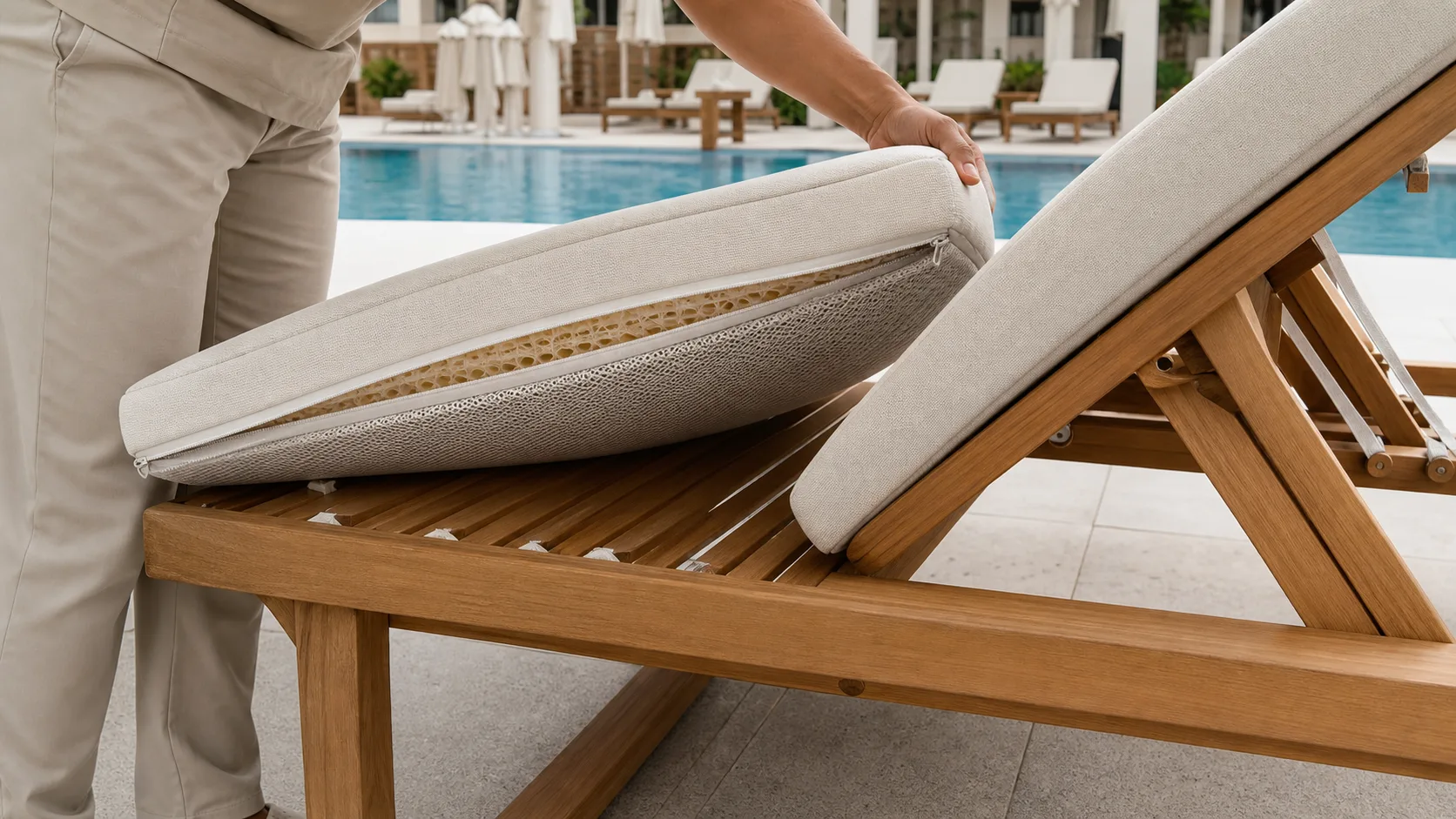 Removable quick-draining cushion lifted to reveal a ventilated teak chaise platform
