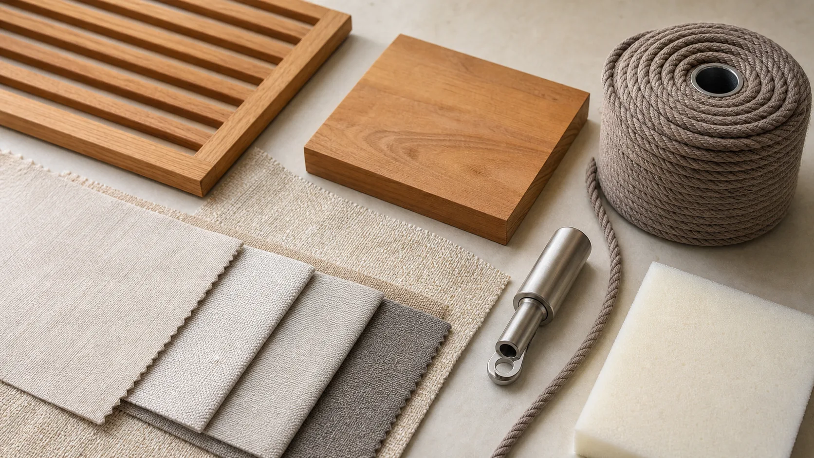 Teak, outdoor fabric, woven rope, stainless hardware, thread, and foam selected as one material system