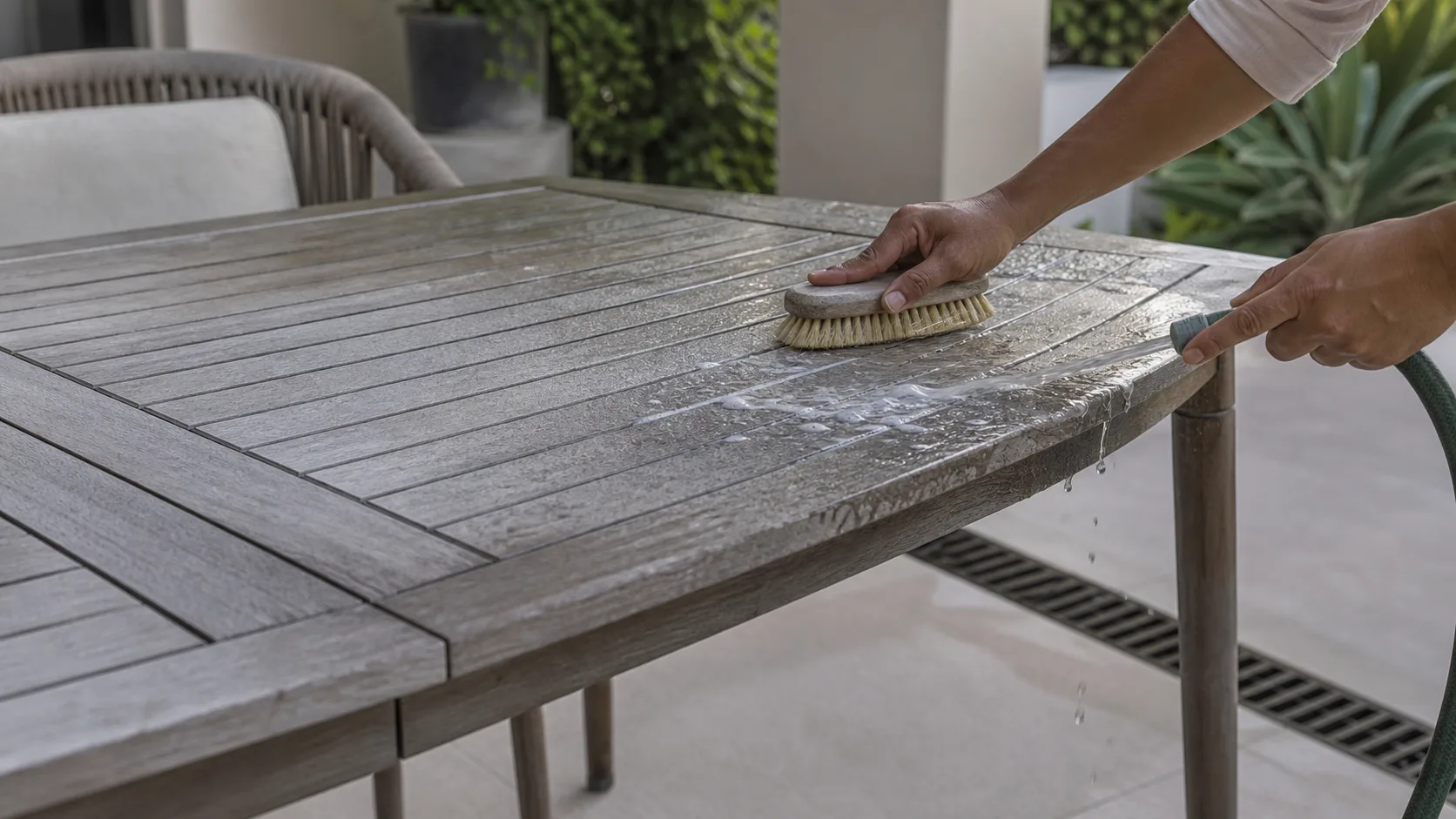 Silver-grey teak dining table being cleaned gently with a soft brush and low-pressure water