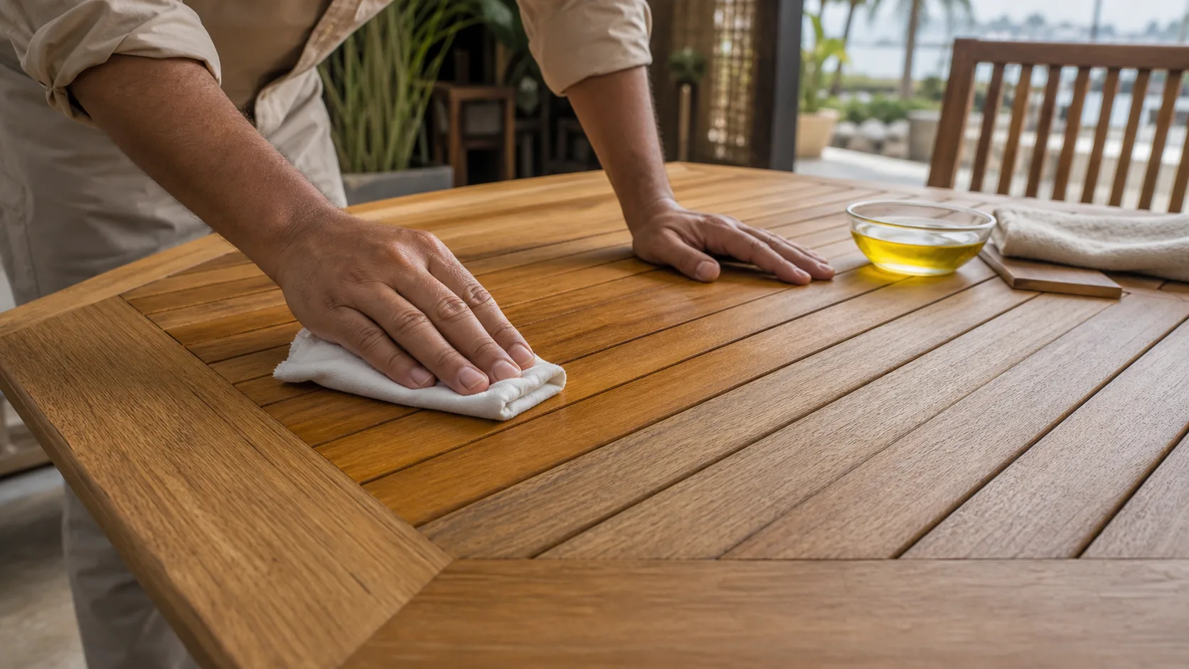 A thin, even maintenance coat being applied to a clean, dry teak tabletop