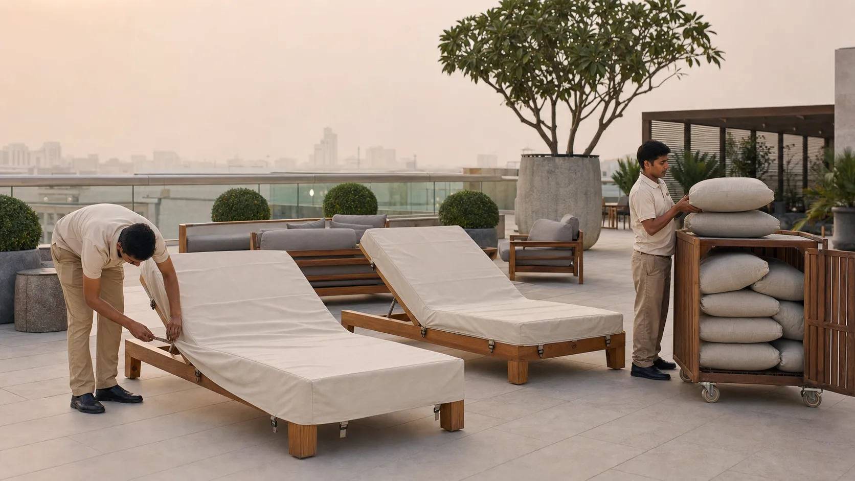 Hotel staff fitting breathable covers and placing outdoor cushions on a ventilated storage trolley