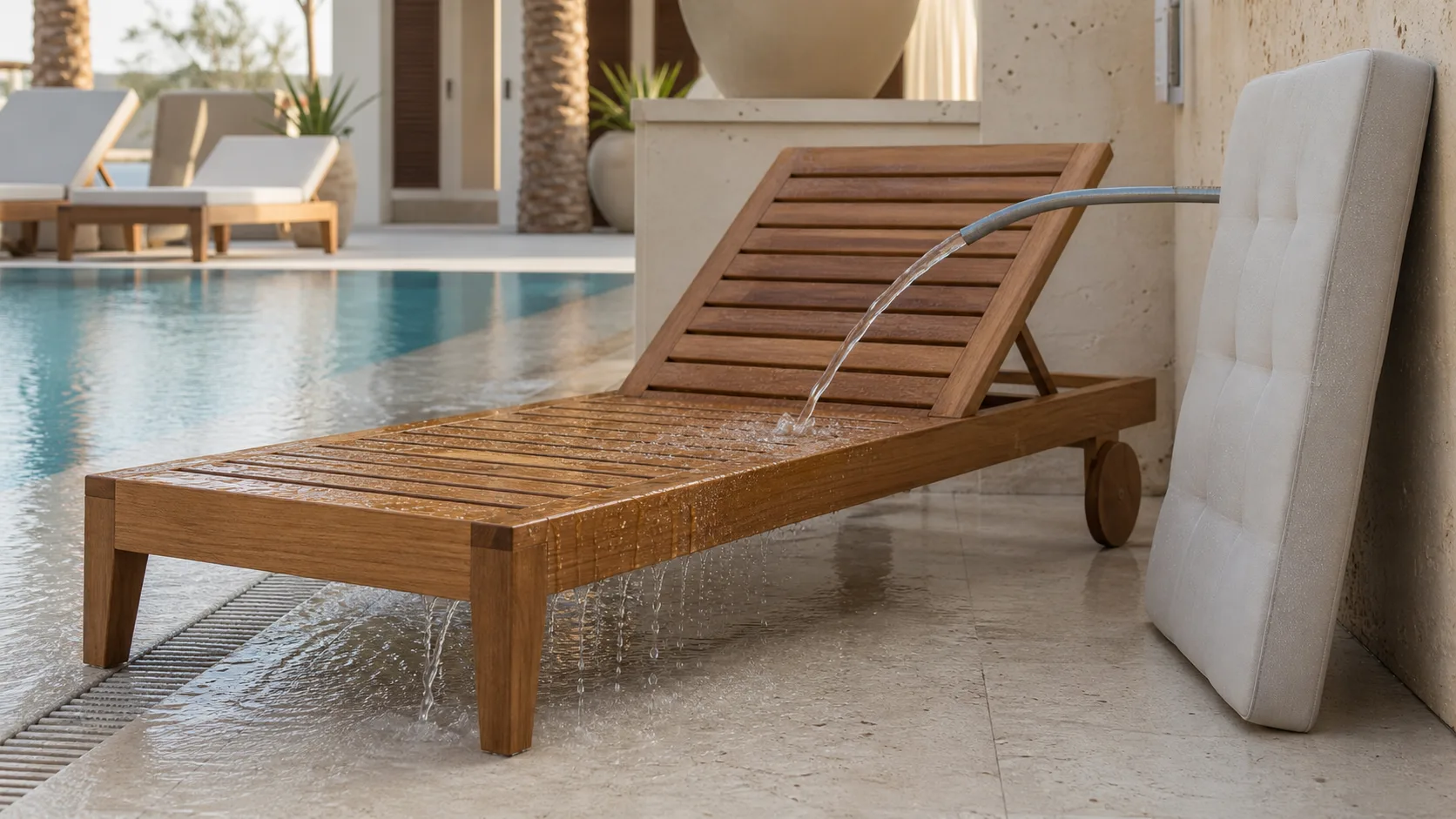 Teak pool chaise being gently rinsed with fresh water while its removable cushion dries