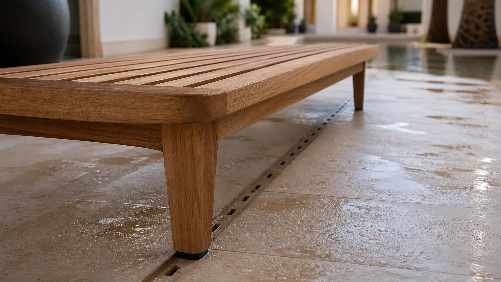 Teak bench detail showing open slats, drainage, and protective floor glides