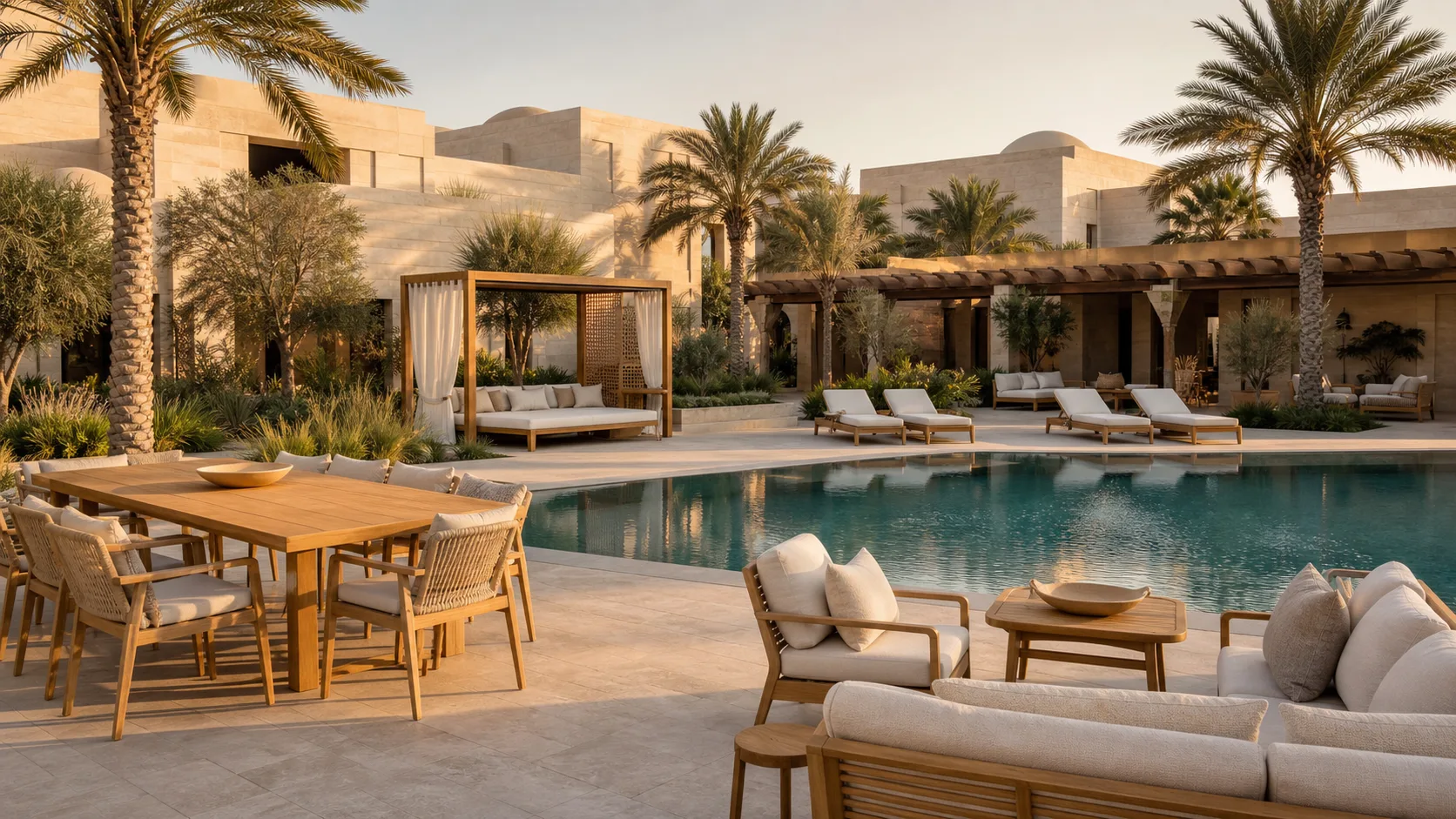 Coordinated custom teak dining, lounge, chaise, and cabana furniture at a UAE resort