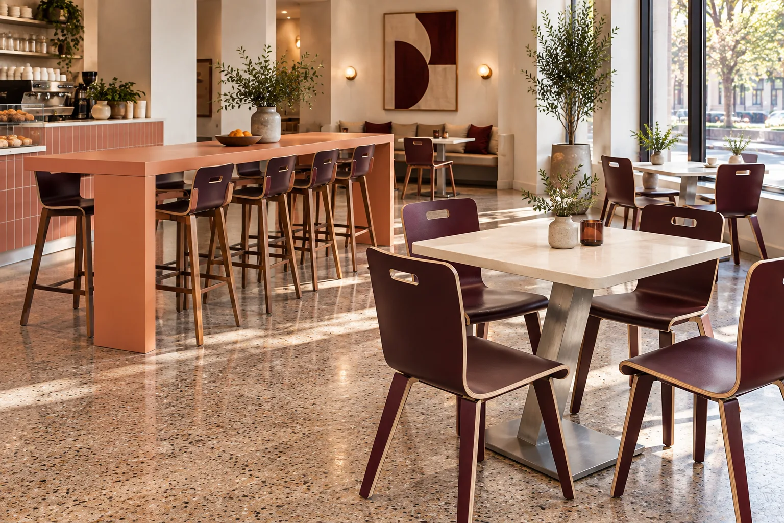 Alternative view of a contemporary café with aubergine plywood chairs, apricot high table and ivory tables on angled aluminium bases