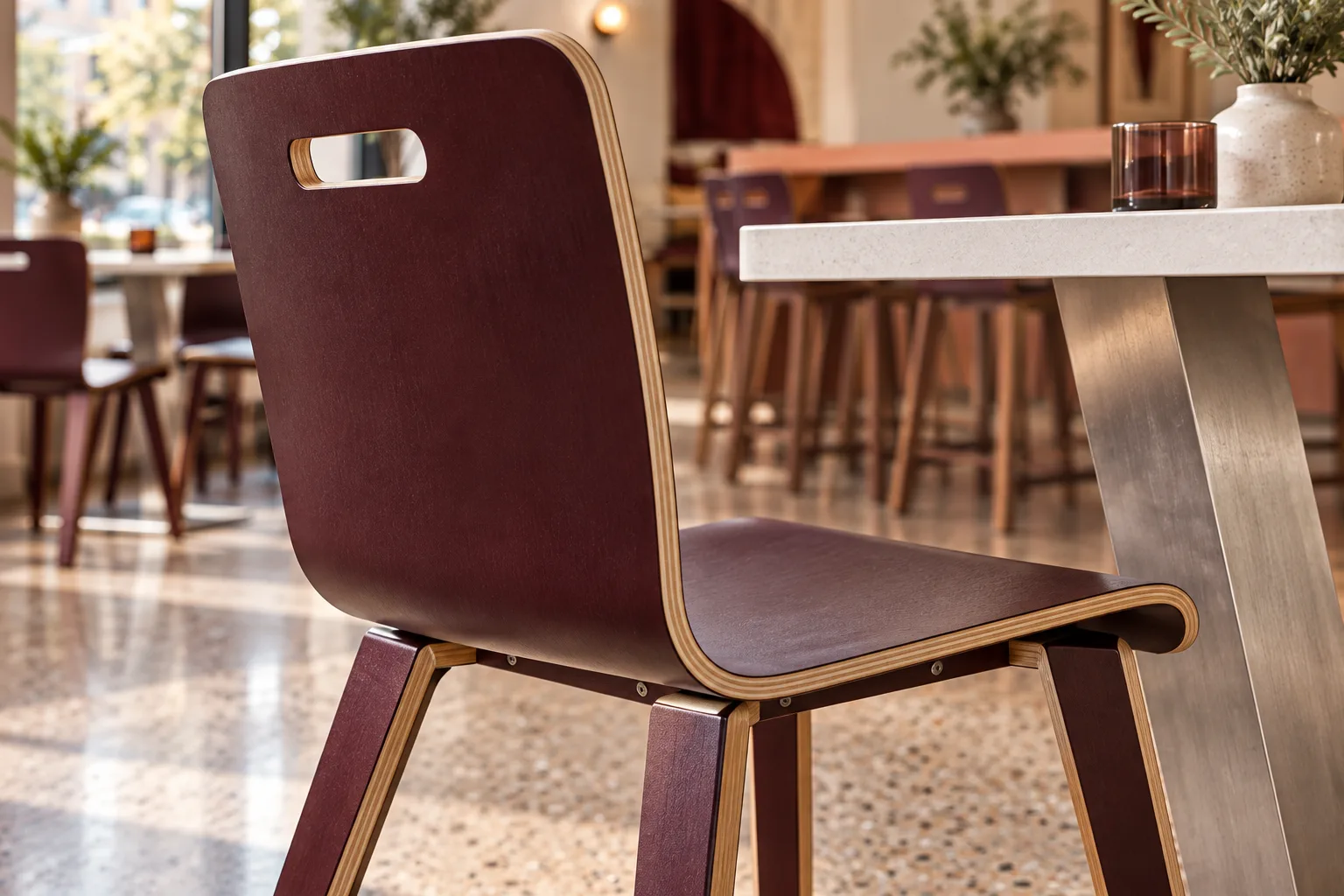 Close view of an aubergine moulded plywood chair showing its continuous seat and back shell, rectangular handhold and flat splayed legs