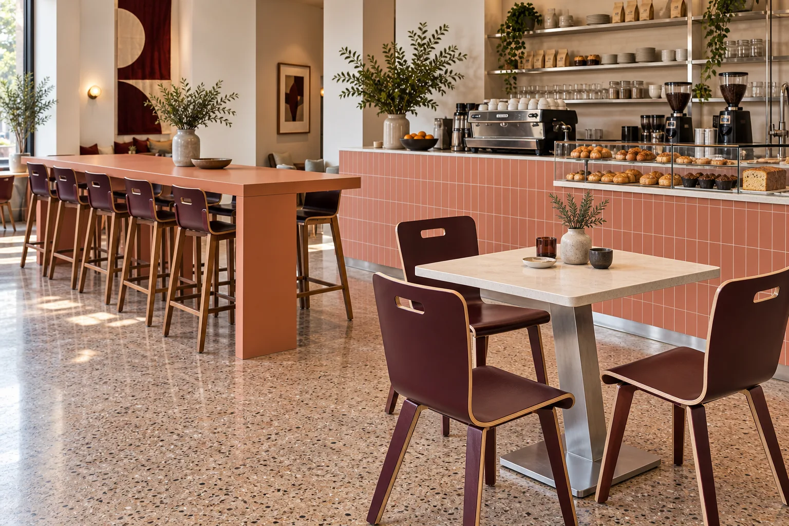 Straight apricot tiled coffee counter with brushed metal shelving and compact espresso equipment