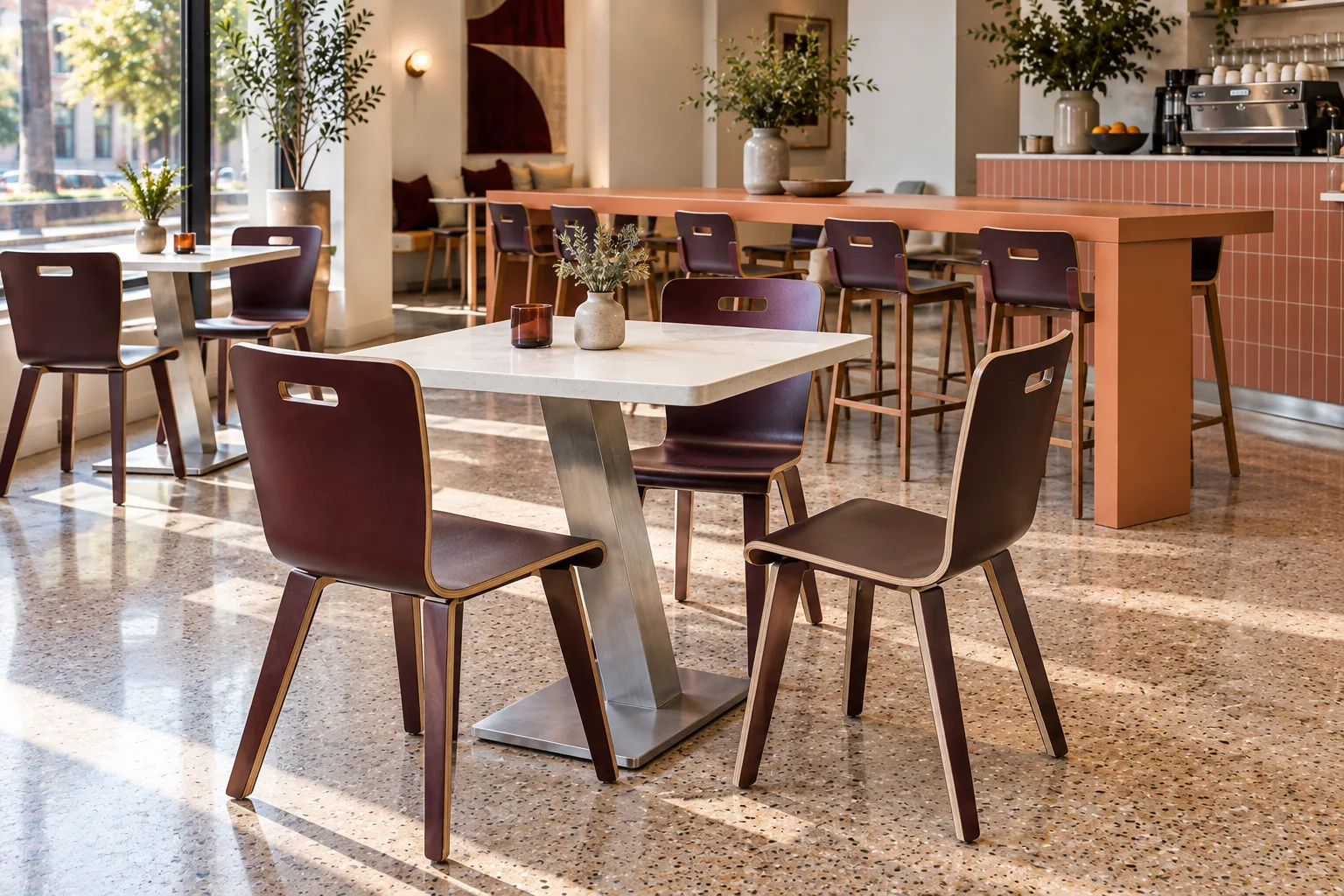 Aubergine moulded plywood café chairs with rectangular handholds around ivory square tables on angled brushed aluminium bases