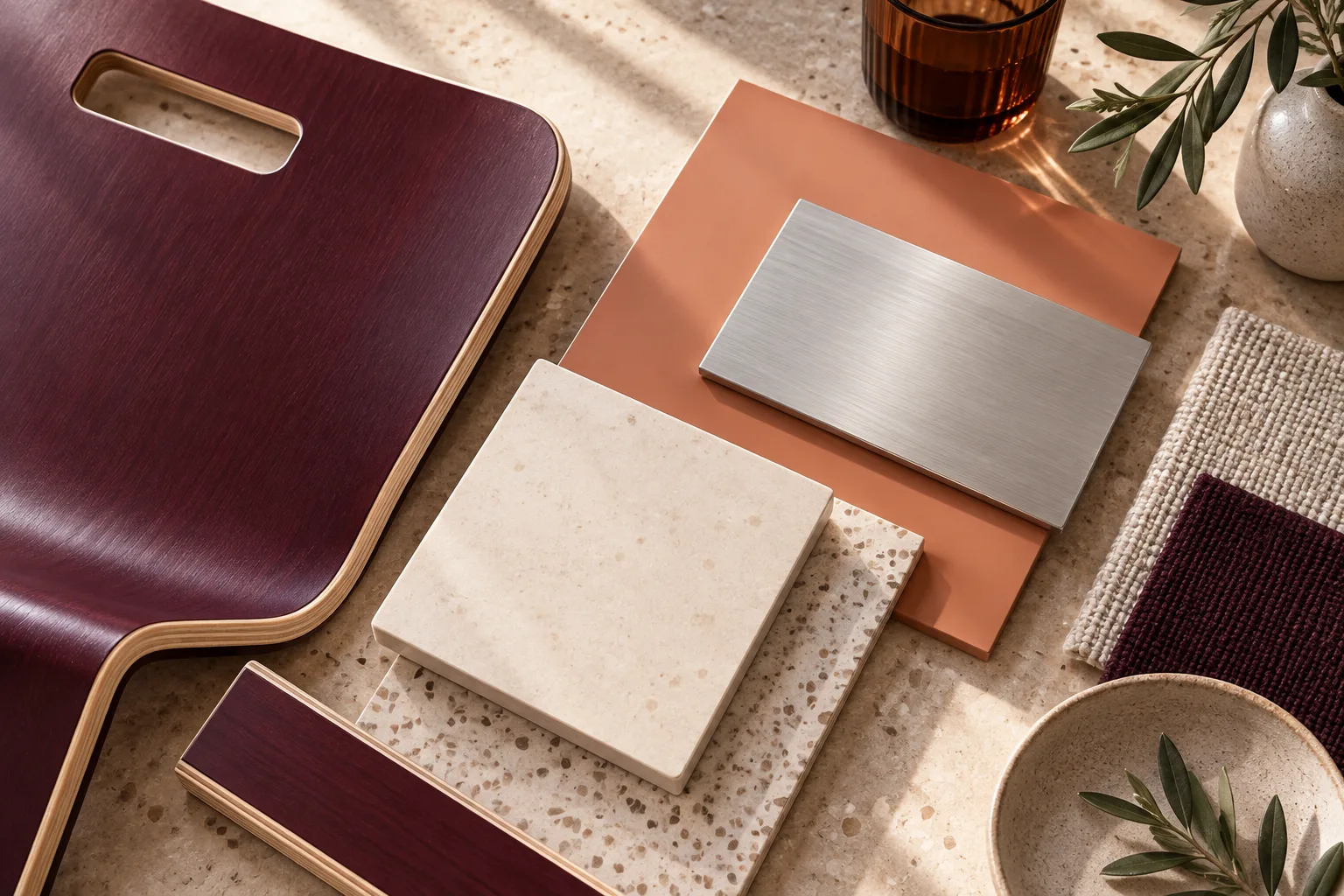 Aubergine plywood · Apricot · Brushed aluminium physical material sample concept board
