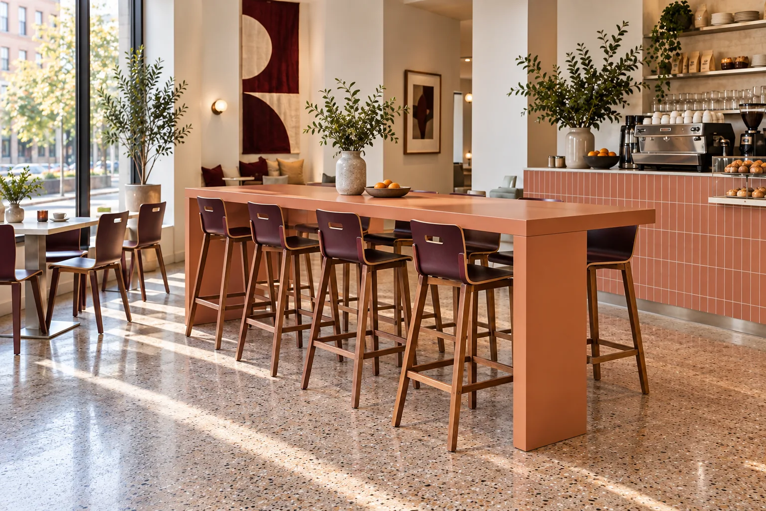 Apricot high communal café table with slab supports and matching aubergine plywood counter stools