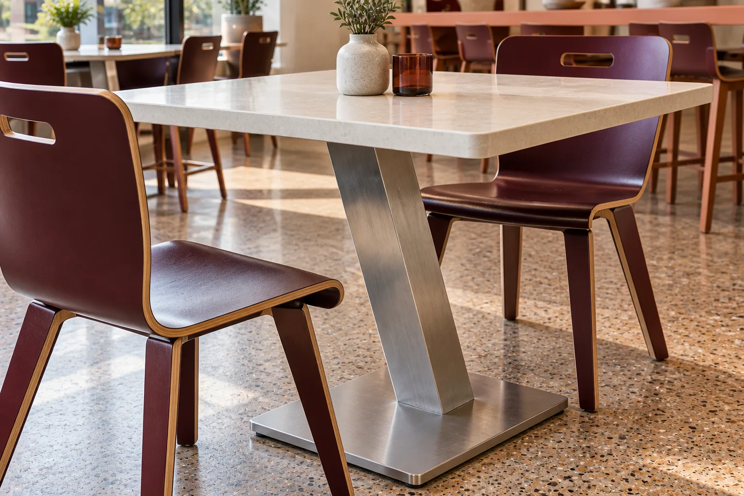 Detail of an ivory soft-square café tabletop and angled brushed aluminium support on a broad rectangular foot