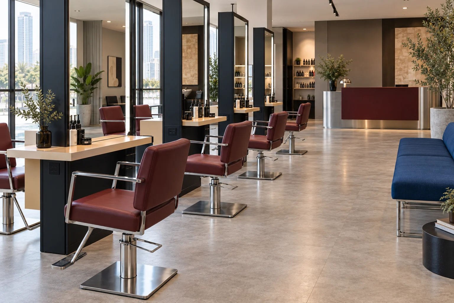 Alternative view through contemporary double-sided salon stations