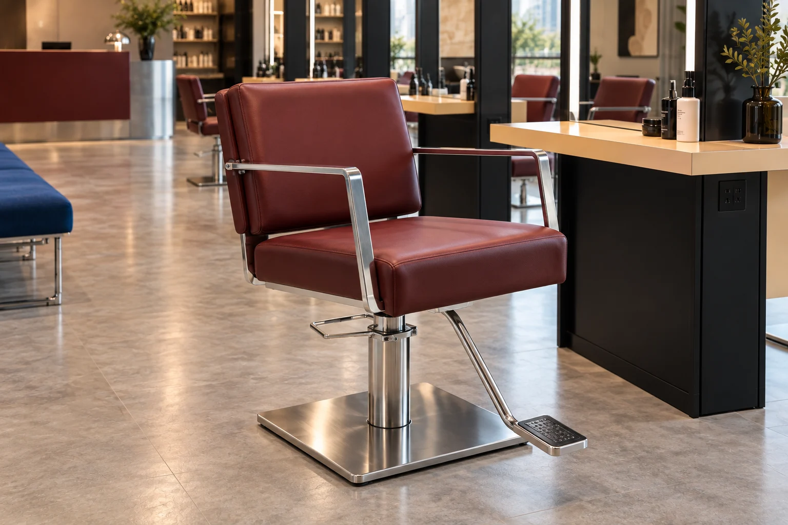 Burgundy hydraulic styling chair with angular chrome arm frame