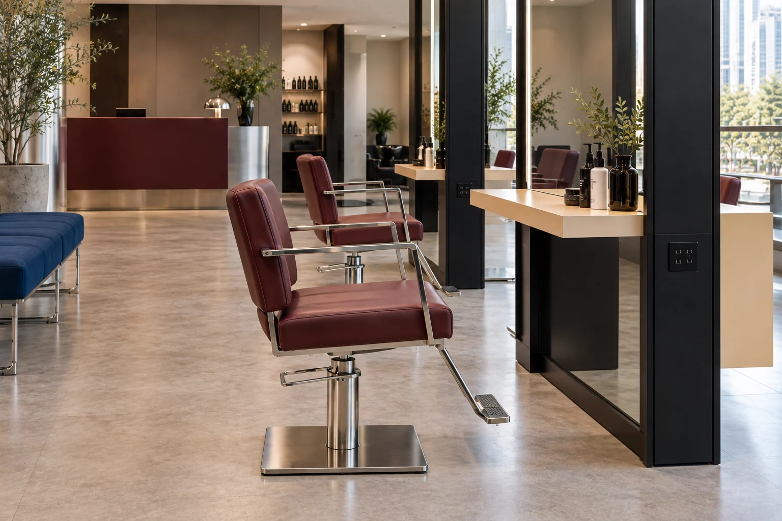 Burgundy salon chairs at black double-sided mirror islands