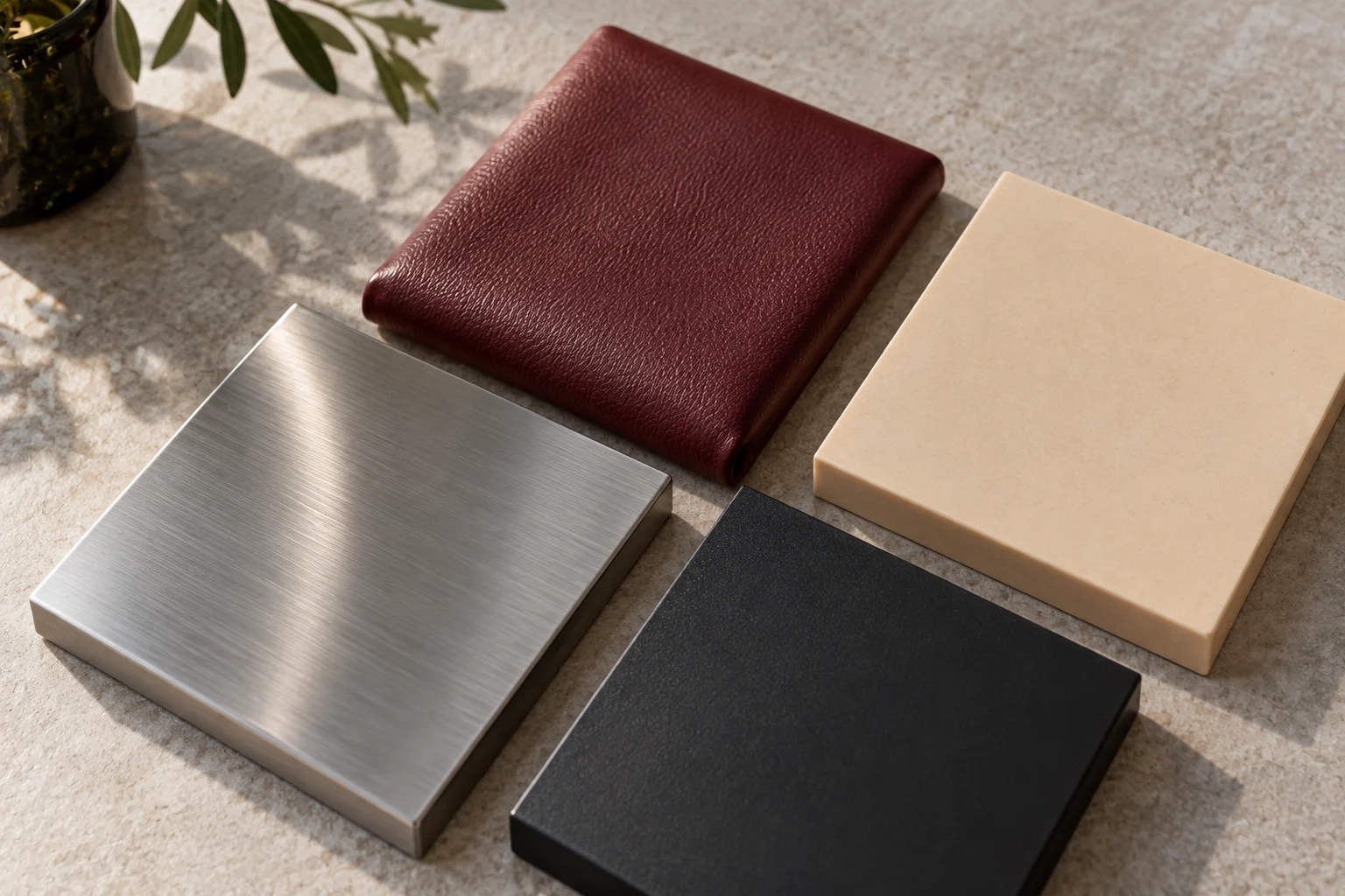 Burgundy upholstery · Black steel · Apricot laminate · Brushed stainless steel physical material sample concept board