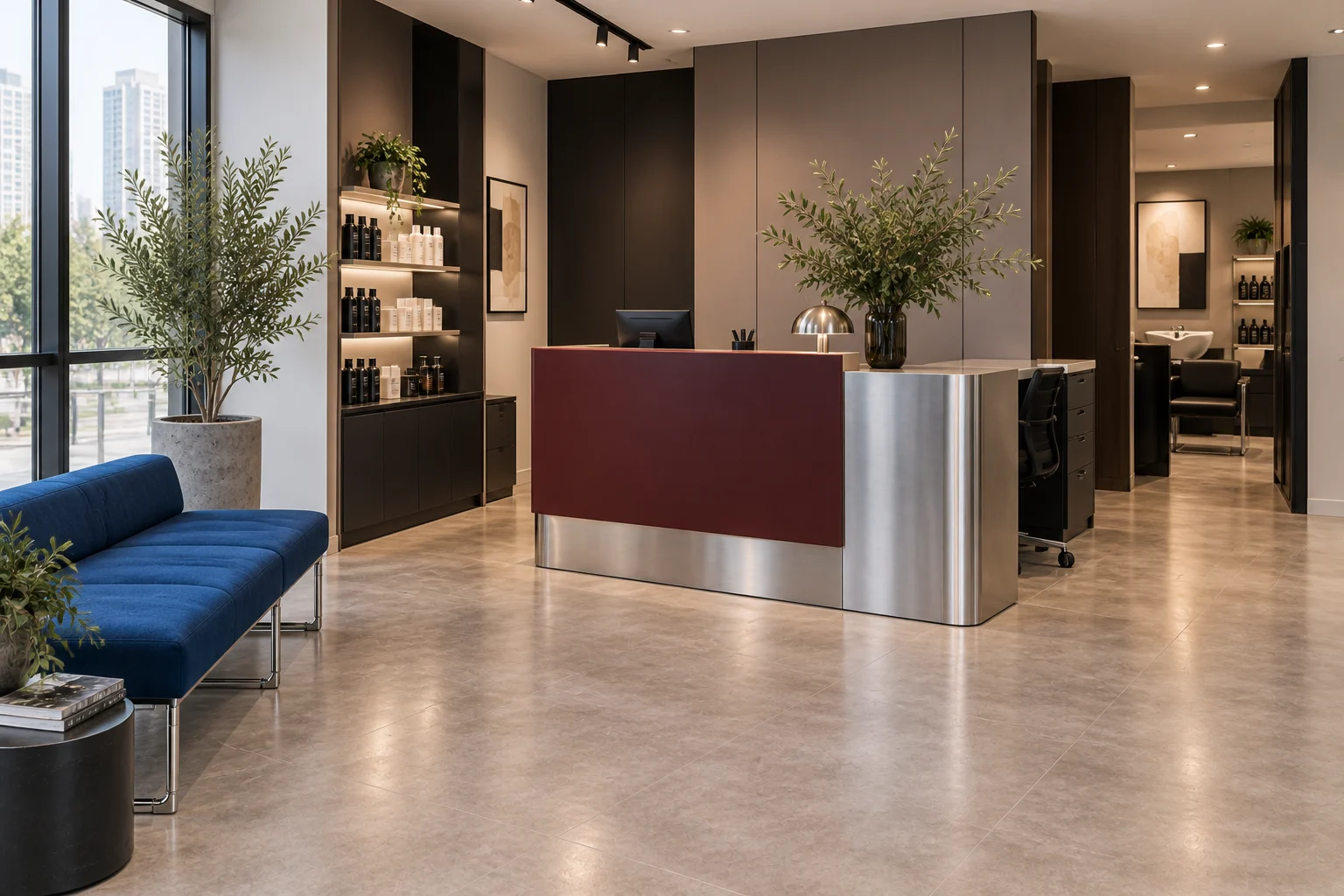 Blue waiting bench and stainless salon reception with burgundy front