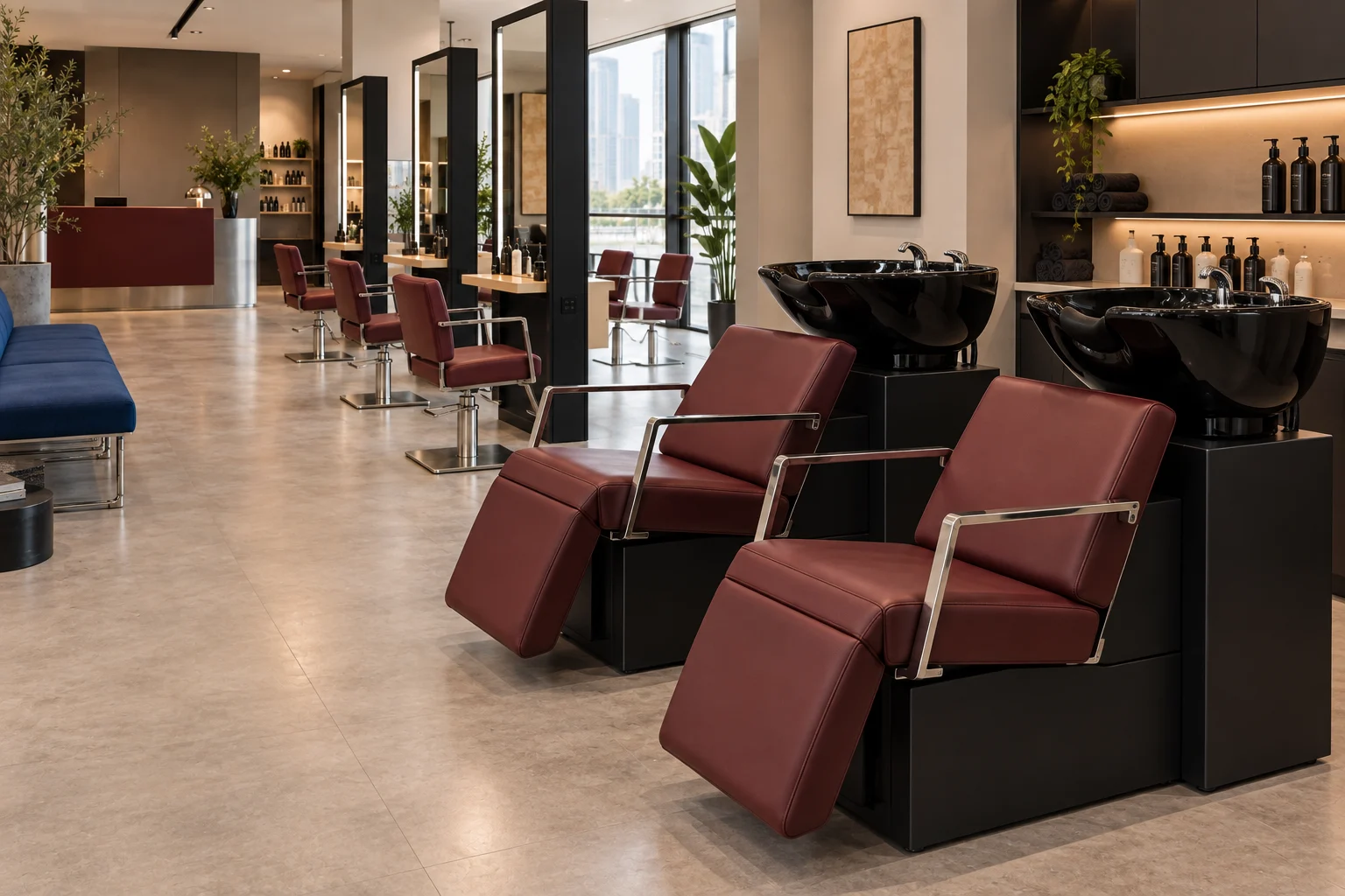Burgundy wash chairs with black basins in a contemporary salon