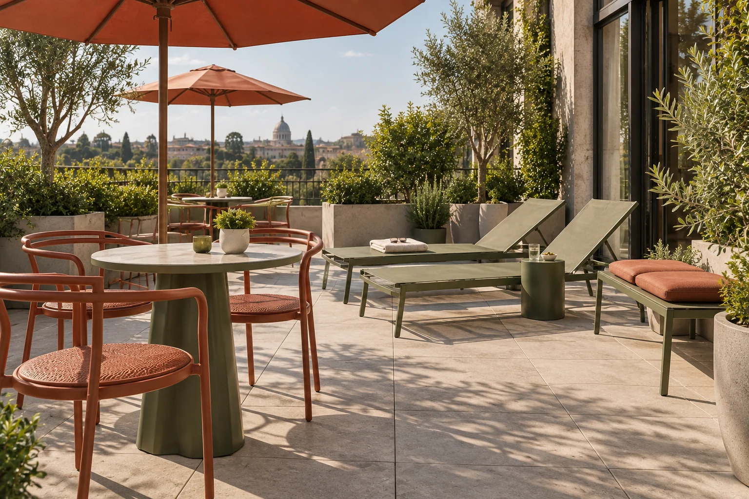 Urban terrace with terracotta dining furniture and olive lounge seating