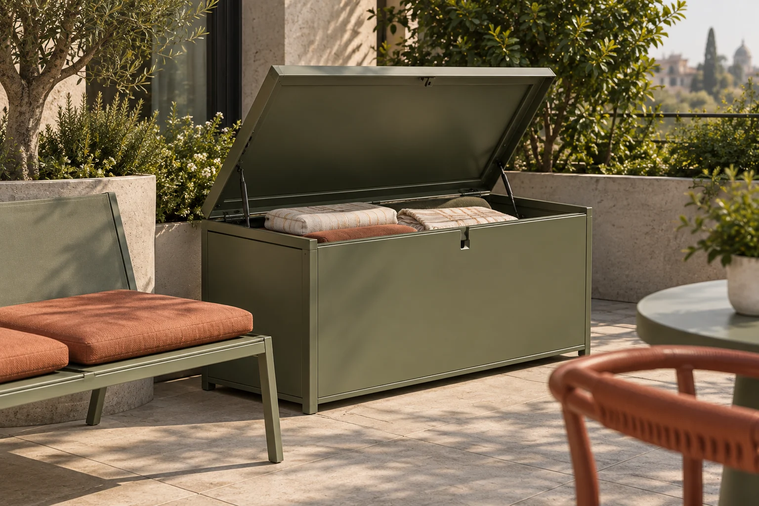 Olive folded-metal outdoor storage chest and lid detail