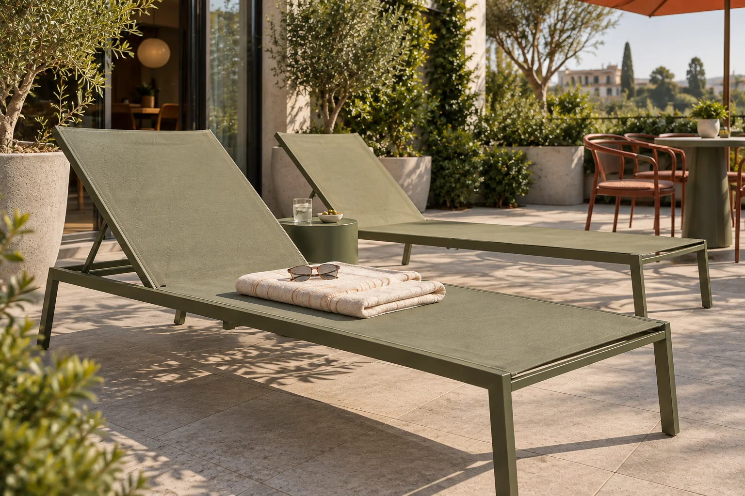 Olive aluminium sling loungers on a contemporary outdoor terrace