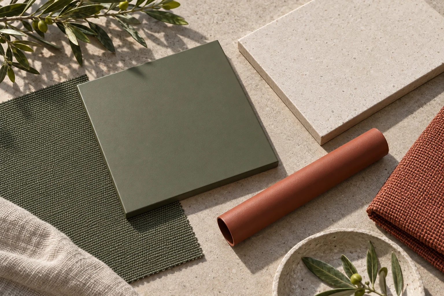 Olive aluminium · Terracotta powder coating · Pale ceramic · Taut sling mesh physical material sample concept board