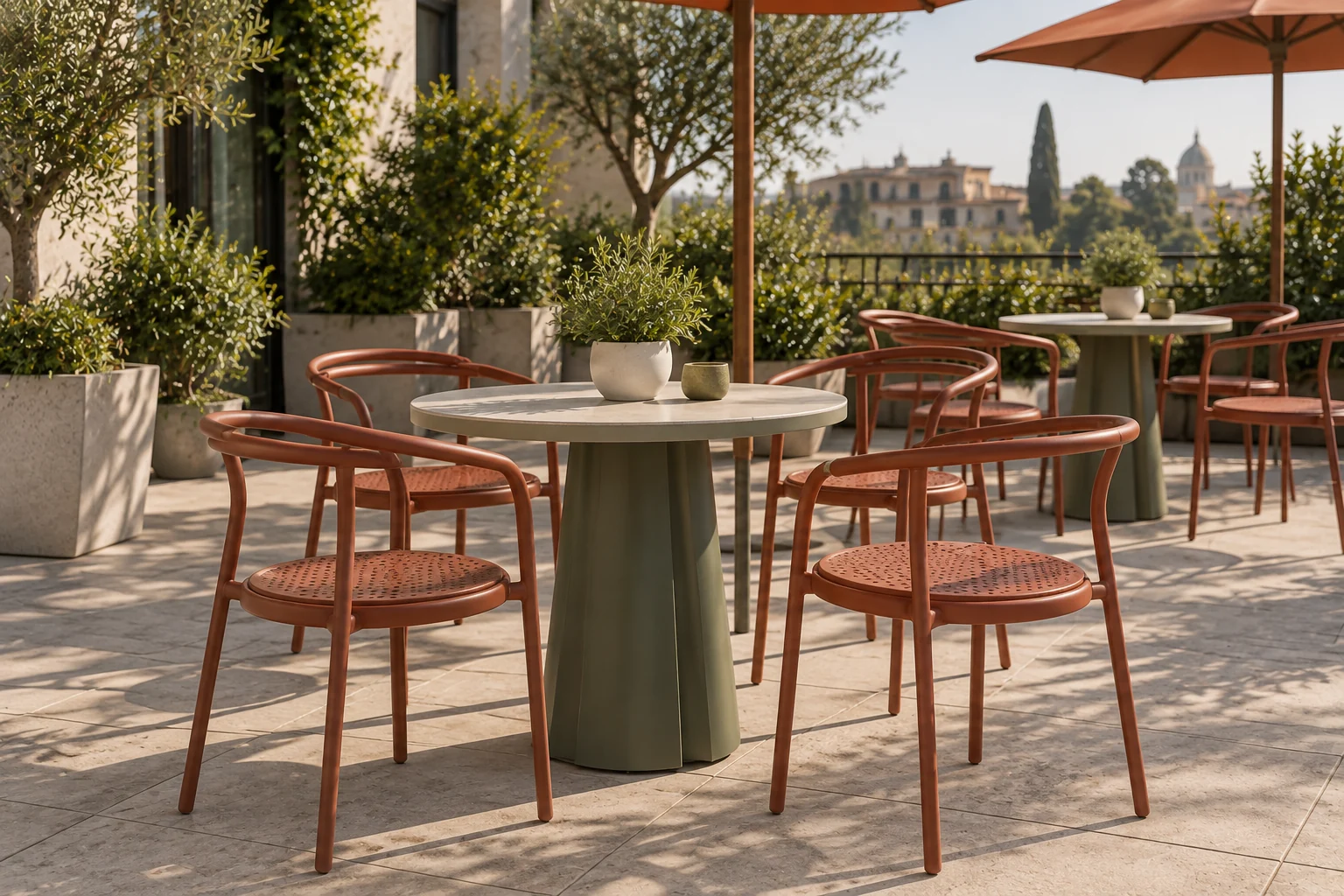 Terracotta tubular outdoor dining chairs with pale ceramic pedestal tables