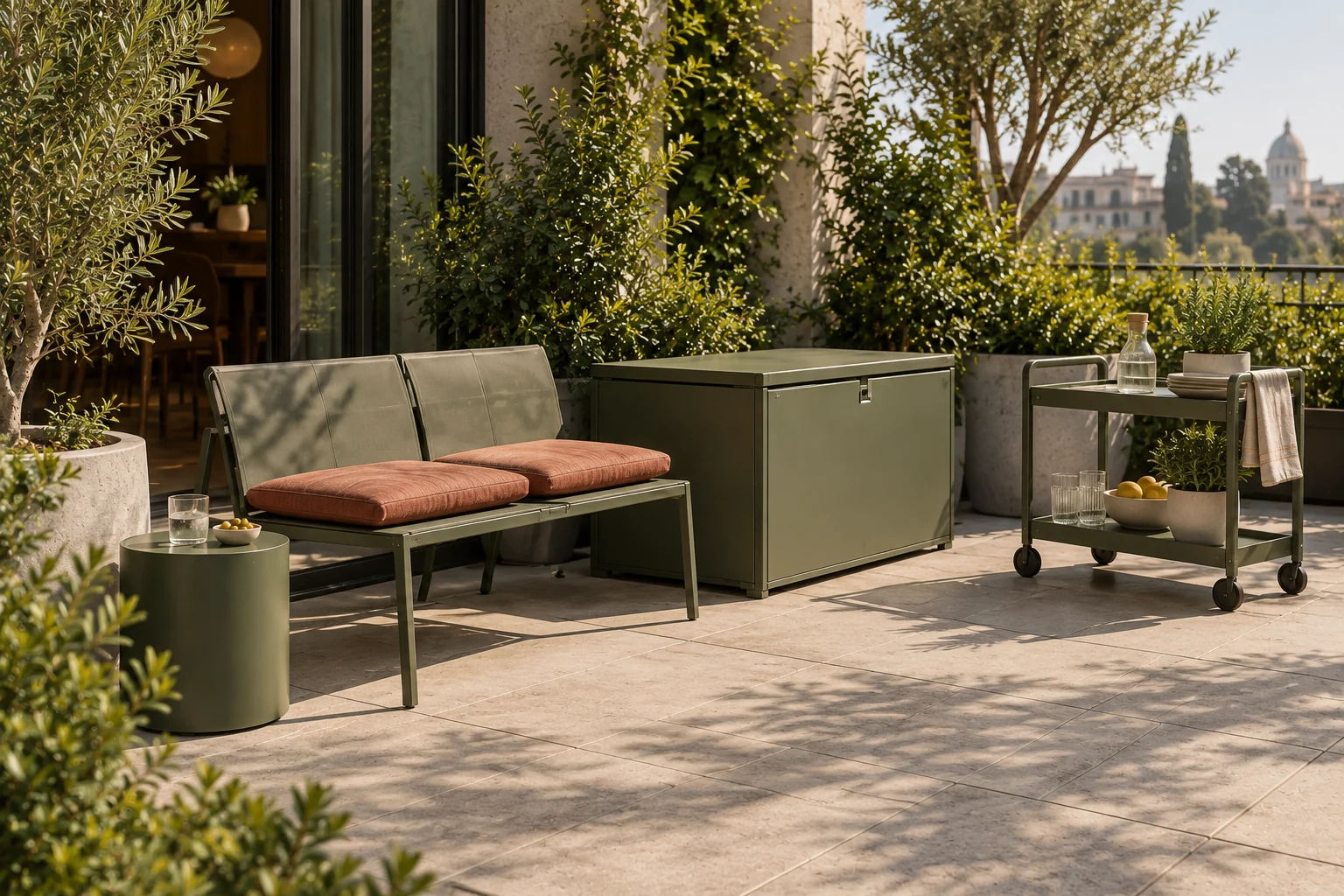 Olive metal terrace bench with terracotta pads and matching storage chest