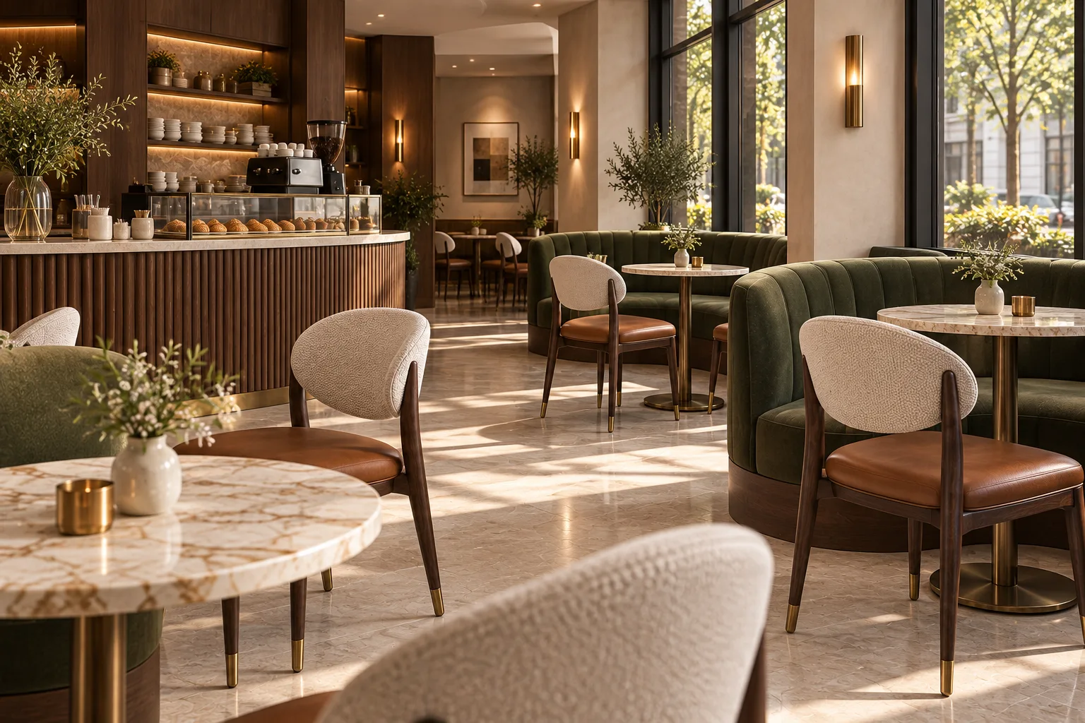Alternative view across a warm boutique café with oval-back walnut chairs, cognac seats, olive curved banquettes and veined stone tables