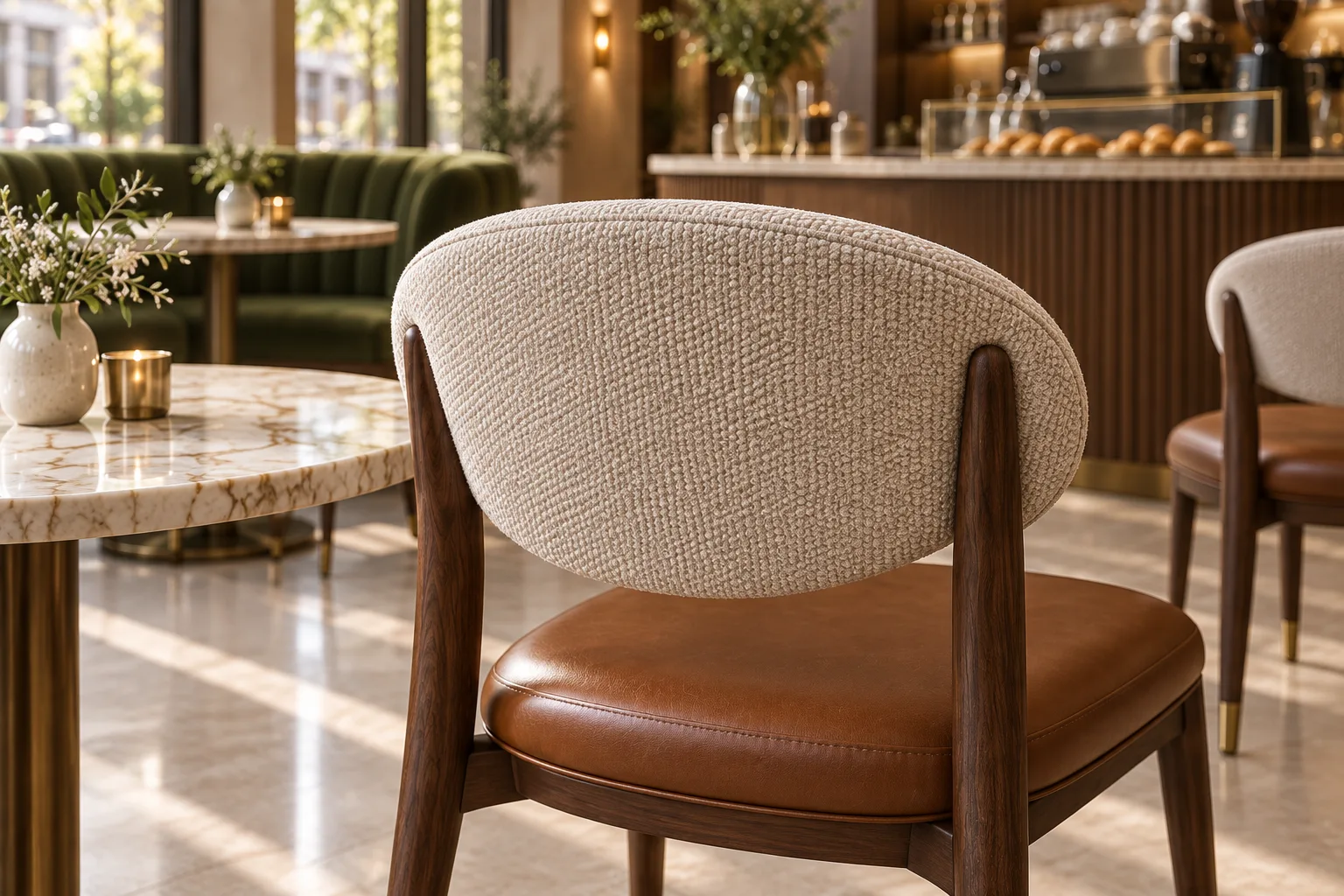 Close view of an oval oatmeal upholstered chair back between sculpted walnut uprights, cognac leather seat and tapered legs with small bronze feet